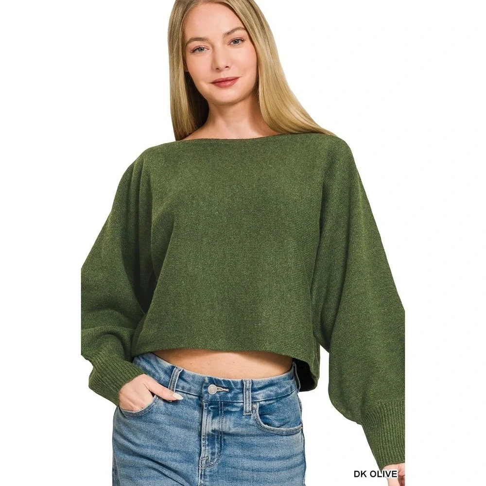 Zenana Boat Neck Balloon Sleeve Sweater - Dk Olive - Small - Picture 3 of 9